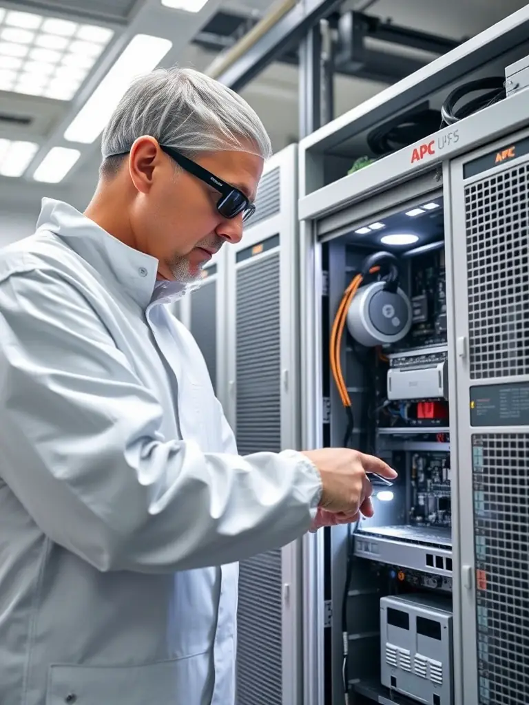 A technician in a cleanroom environment inspecting the internal components of an APC UPS system, with a focus on the power modules and circuit boards, highlighting the meticulous nature of preventive maintenance.