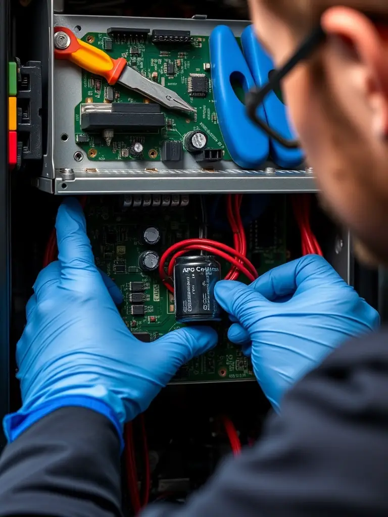 A close-up shot of a technician replacing a capacitor in an APC UPS system, emphasizing the importance of component replacement in extending the lifespan of the equipment.