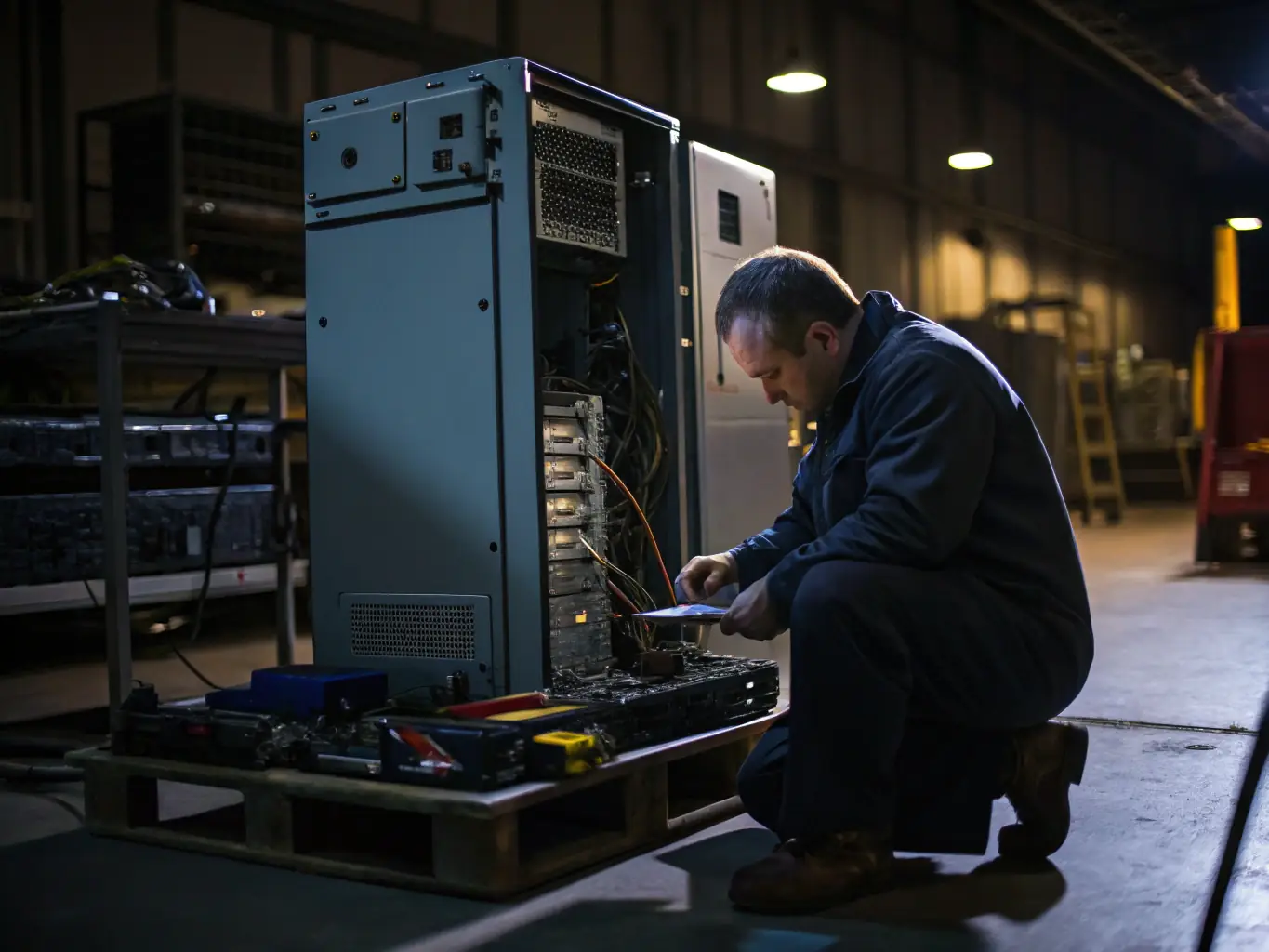 A technician in a cleanroom environment meticulously inspecting the internal components of an APC UPS system, using a flashlight to highlight details, with various diagnostic tools visible in the background.