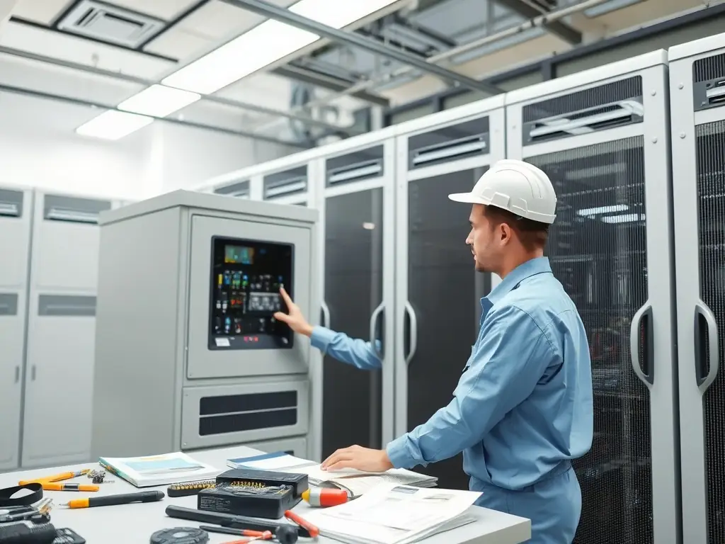 A close-up shot of a technician using a multimeter to measure the voltage of a UPS battery, with safety gloves and glasses on, in a server room environment.