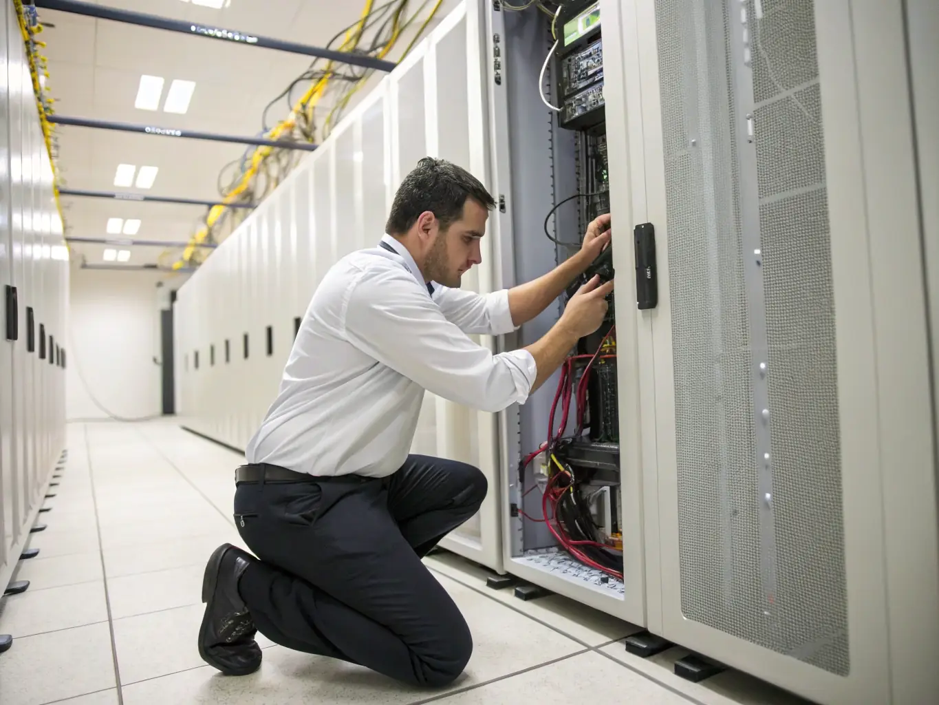 A server room environment with a technician performing firmware updates on a UPS system using a laptop, with cooling system components visible in the background.