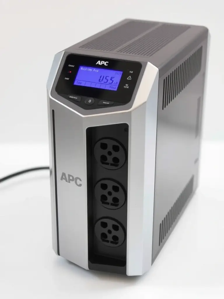 A high-resolution studio shot of an APC Back-UPS Pro model, showcasing its LCD display and power outlets, set against a clean white background to highlight its features.