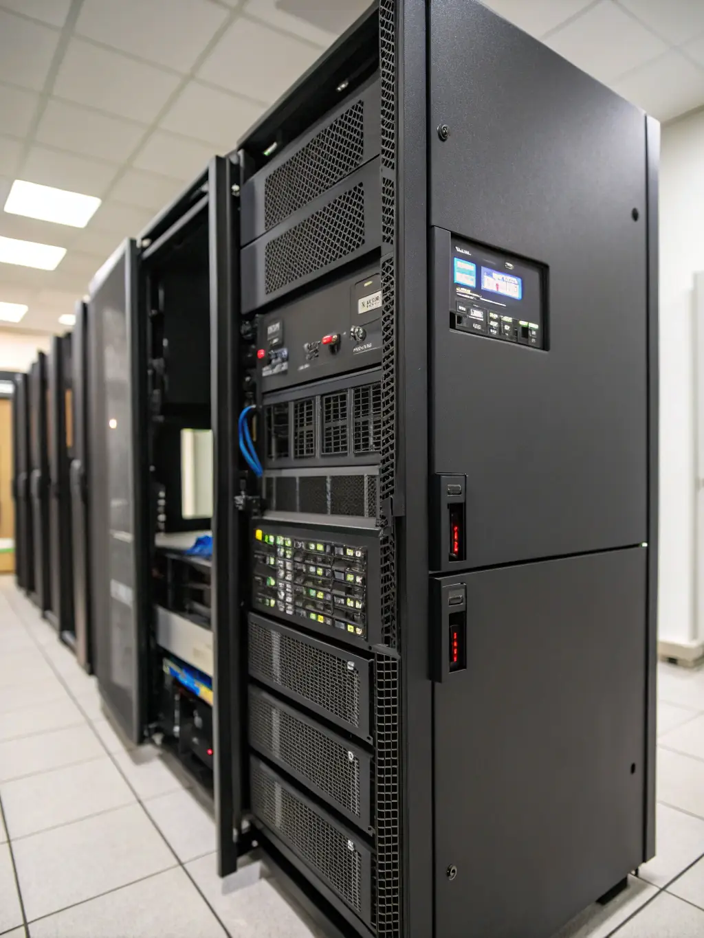 An image showcasing the APC Symmetra PX UPS, highlighting its modular design and scalability, installed in a large data center environment.