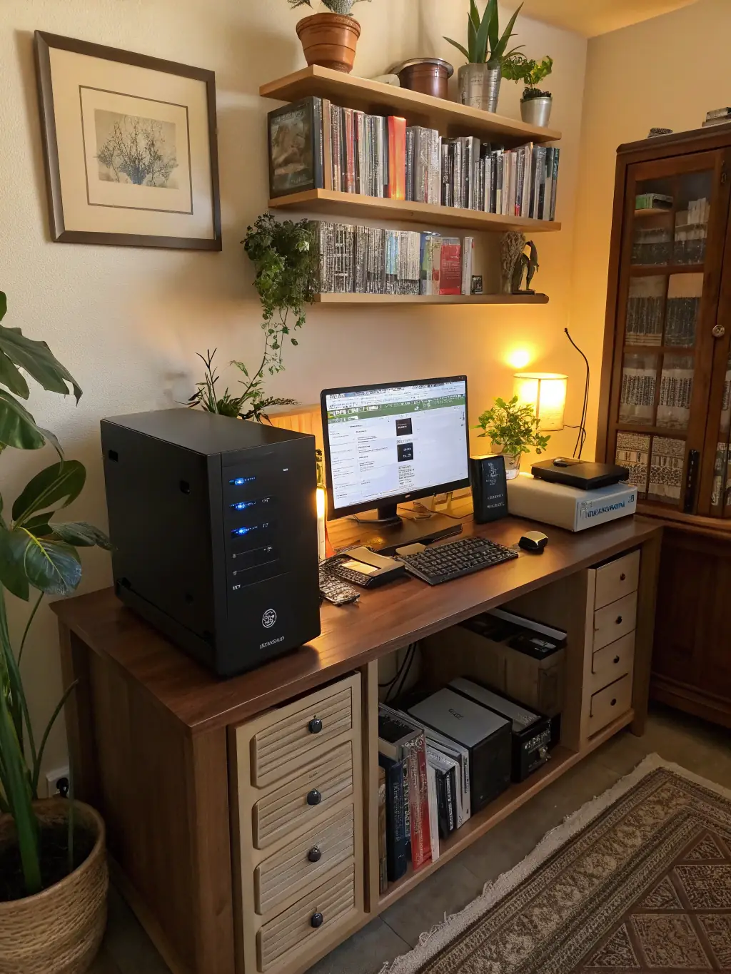 A detailed image of an APC Back-UPS unit safeguarding home office equipment, emphasizing its affordability and ease of use.