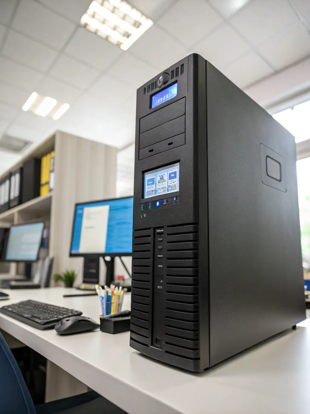 A close-up shot of an APC Easy UPS, emphasizing its compact design and user-friendly interface, displayed on a desk in a small office setting.