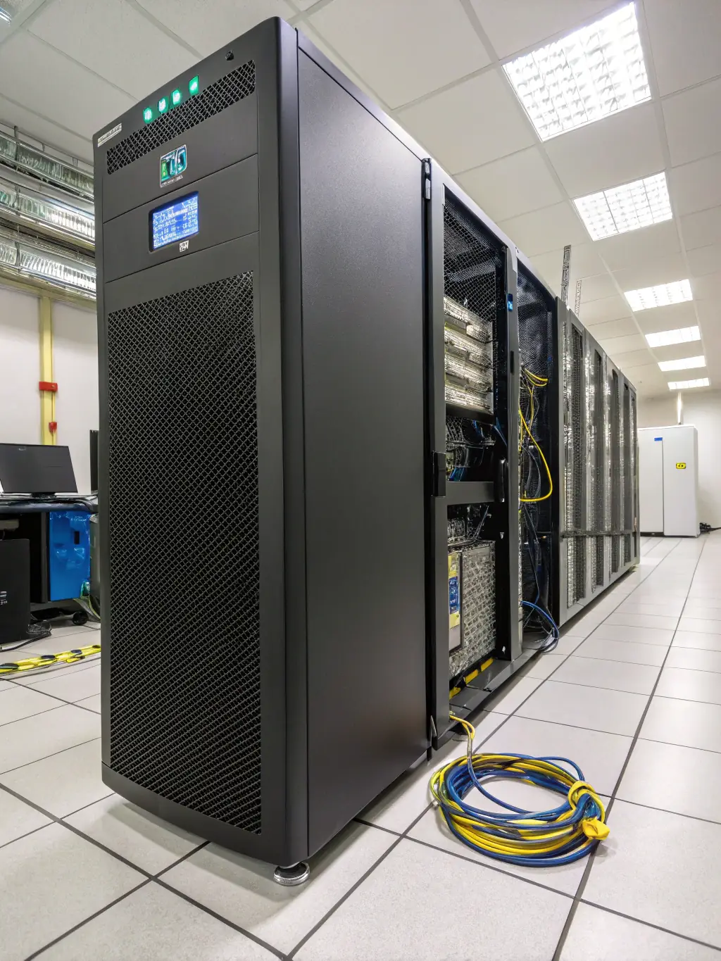 A detailed image of an APC Smart-UPS unit, focusing on its rack-mountable design and network management card, placed in a server room environment.