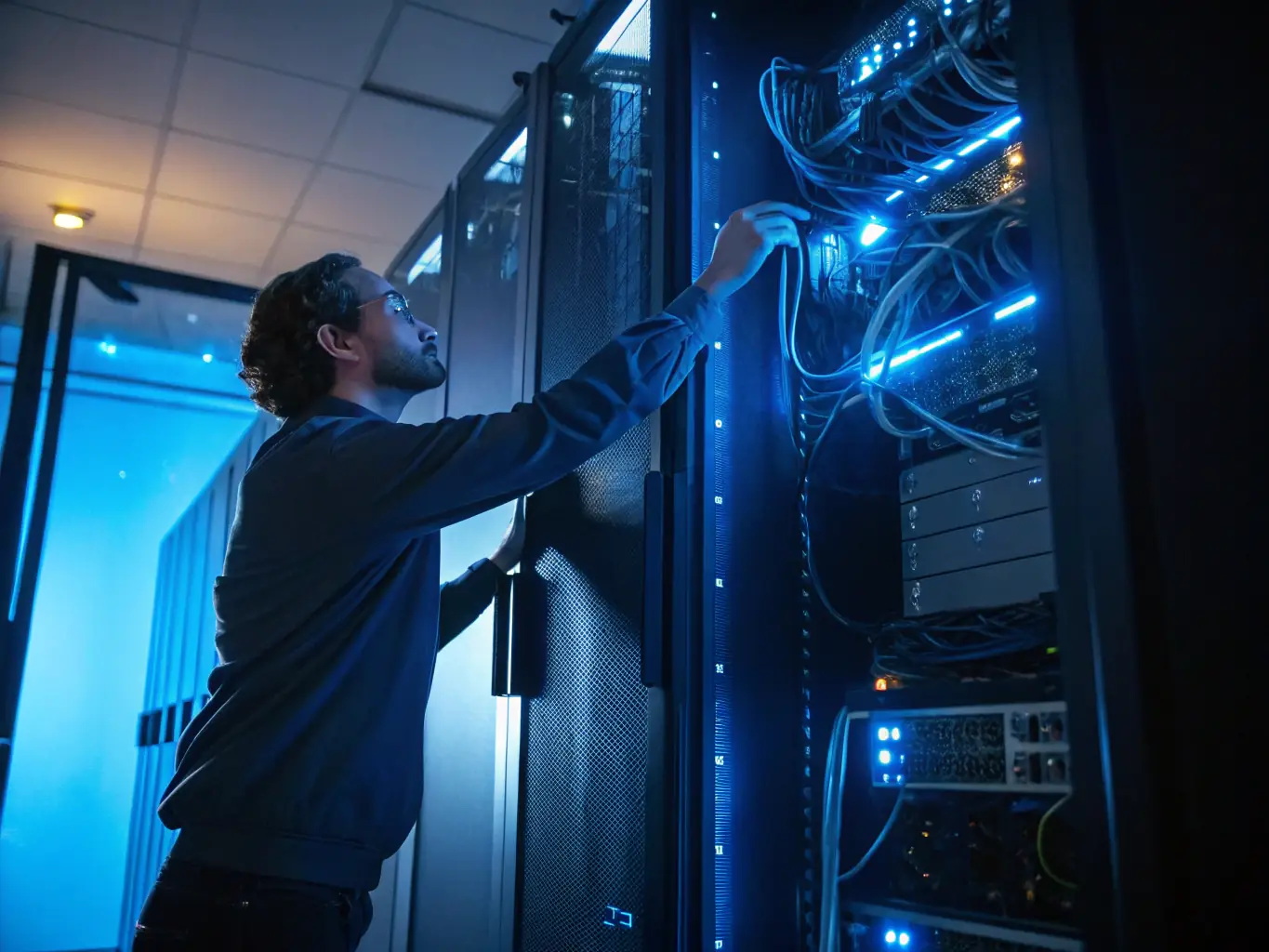 A technician responding to an emergency call at a data center, quickly diagnosing and repairing a faulty UPS system to restore power. The scene is urgent and focused, highlighting the speed and efficiency of the service.